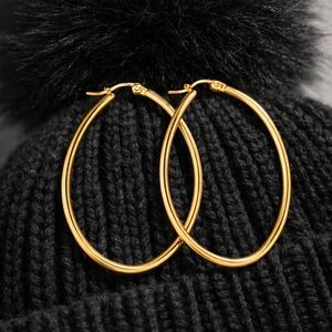 18K Gold Plated Stainless Steel Oval Hoop Earrings Large Minimalist Hypoallergen